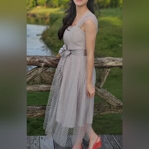 Gray Polka Dot Midi Dress with Satin Bow Waist